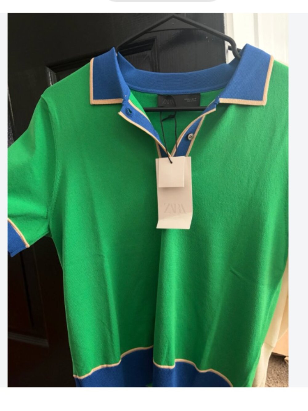 New Zara M Polo Green Colorblock Blue Knit Sweater Top Short Sleeve with Collar